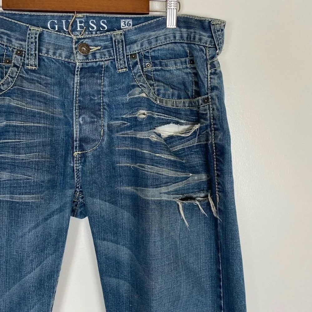 Guess Pasadena Men's Straight Leg Jeans Size 36 Distressed Flap Pockets Blue